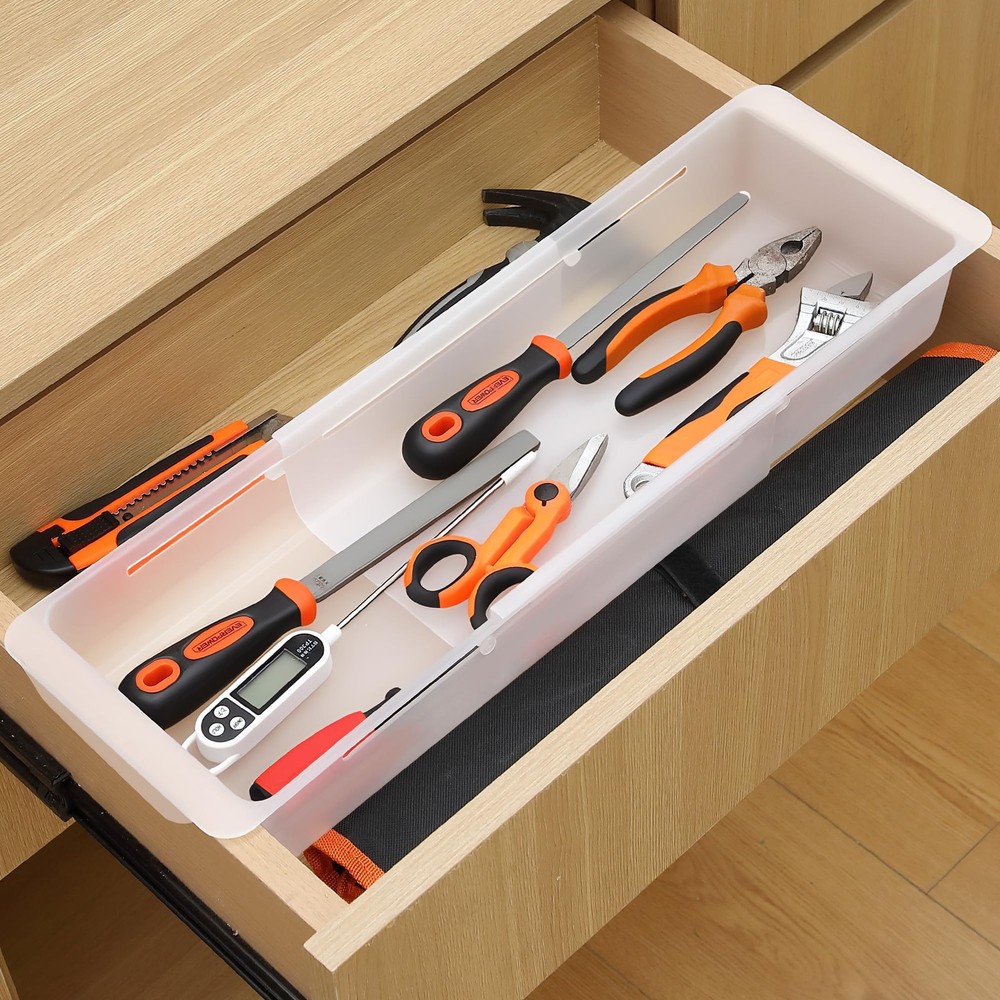 2 Pack Deep Drawer Organizer Bins, Adjustable Sliding Drawer Organizer Bin Ex...