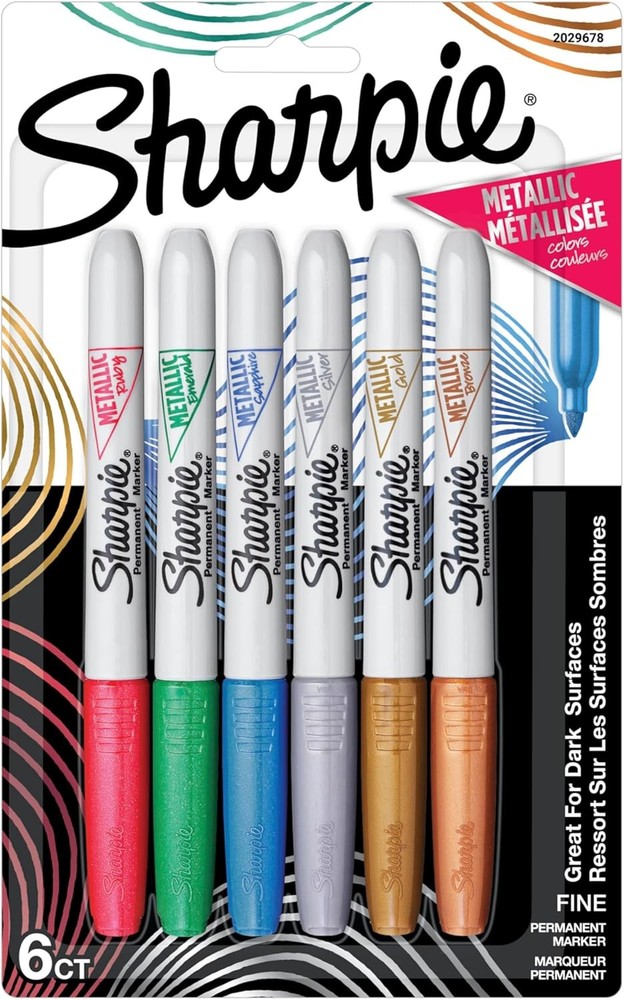 Sharpie Metallic Permanent Markers, Fine Tip, Assorted Colors, 6 Count - Arts