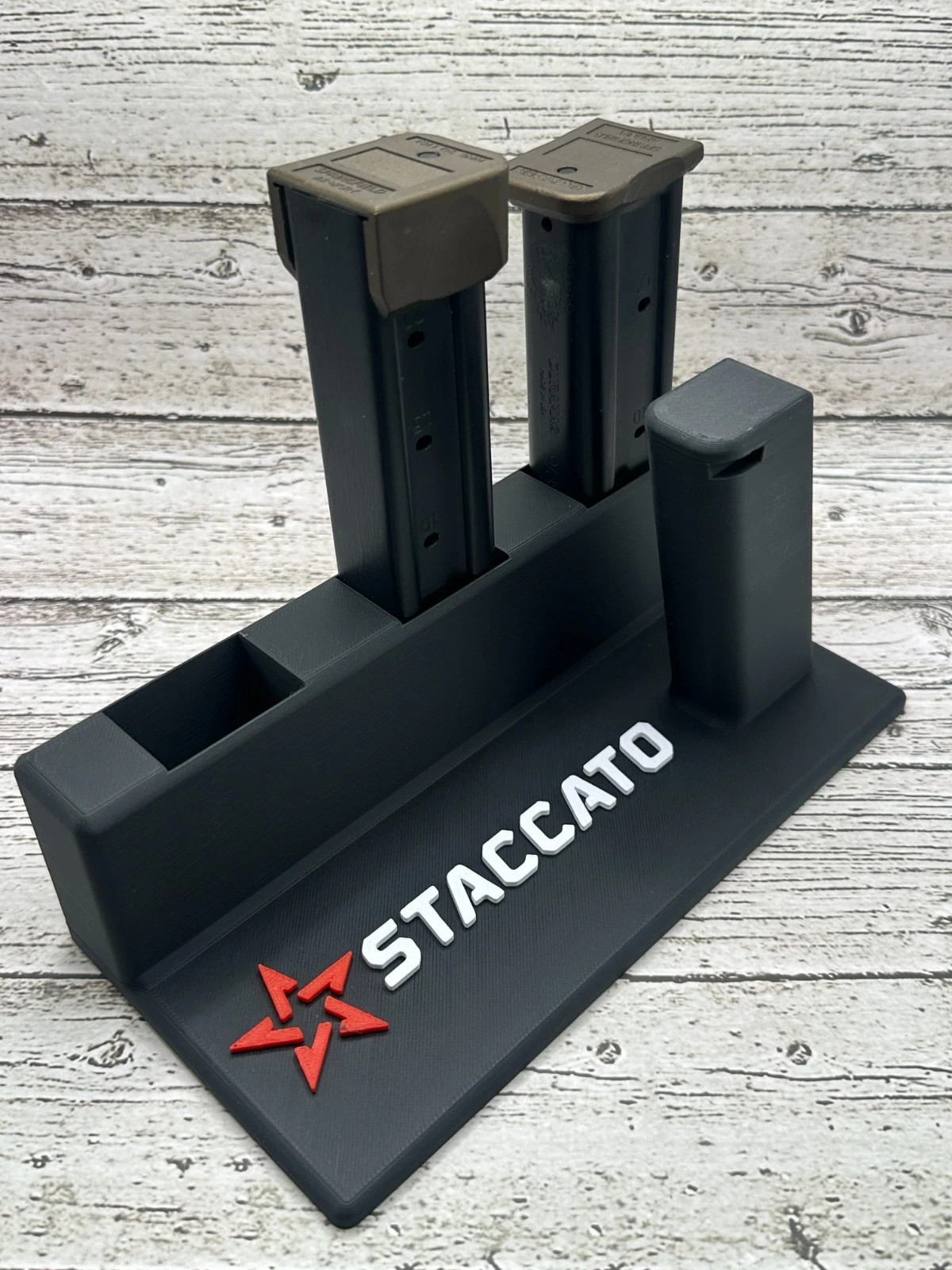 Staccato 2011 Pistol Display Stand + 3 Mag Holder – Black Polymer w/ Logo