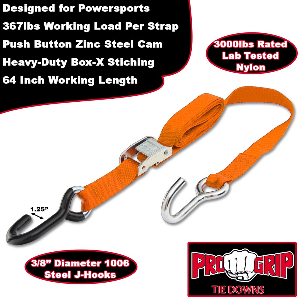 Progrip Powersports Motorcycle Tie Down Straps Lab Tested (2 Pack) Orange