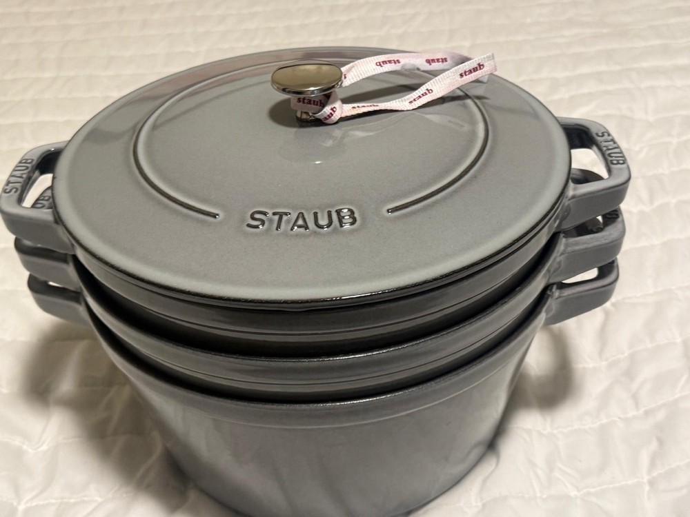 Staub Cast Iron, 5 qt, Round, dutch oven, 4-pc Stackable Set.