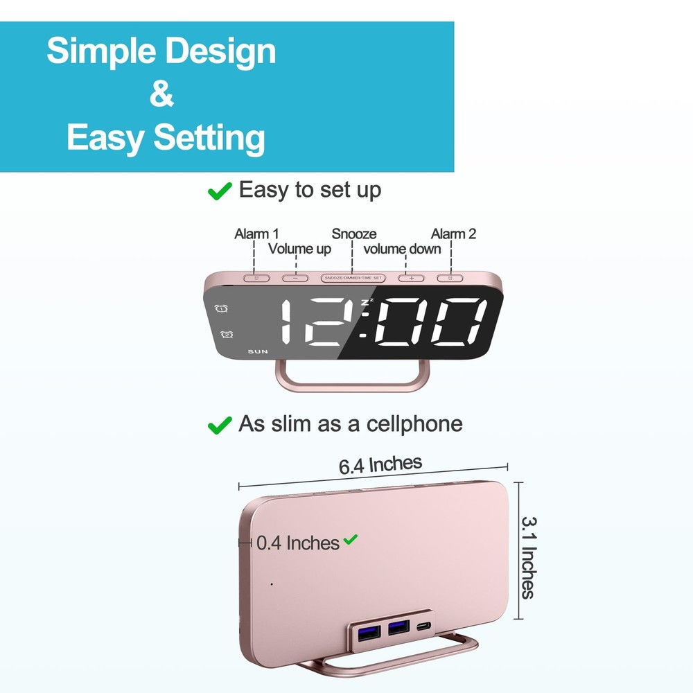 Slim LED Digital Alarm Clock, Mirror Surface for Makeup, with Dimin... Fast Ship