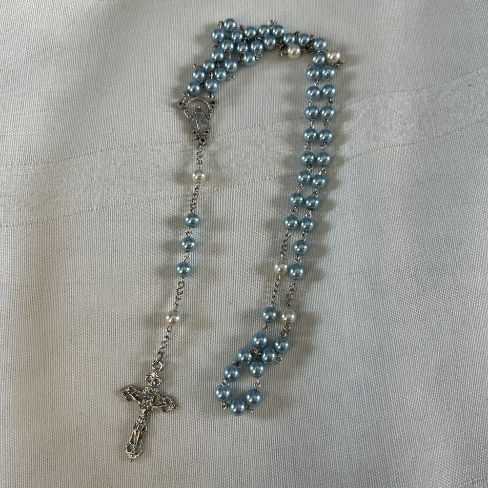 Light Blue Faux Pearls And Silver Rosary