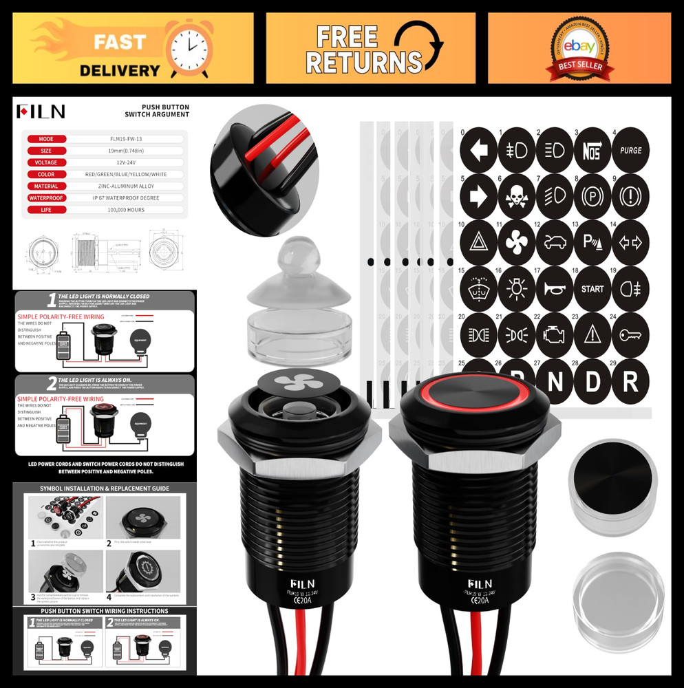 2-Pack 19mm Red LED Push Button Switch, 12V-24V Waterproof Power Switch for Car