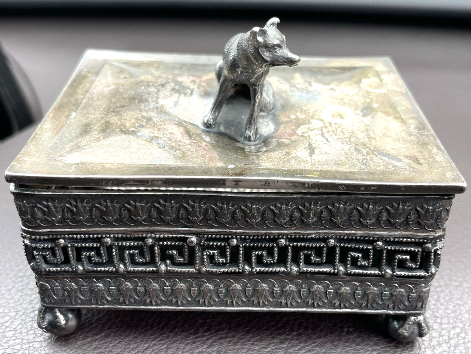 Antique Silver Plated Box w/ Fox or Dog On The Lid - Victorian or Art Deco-era☚☚