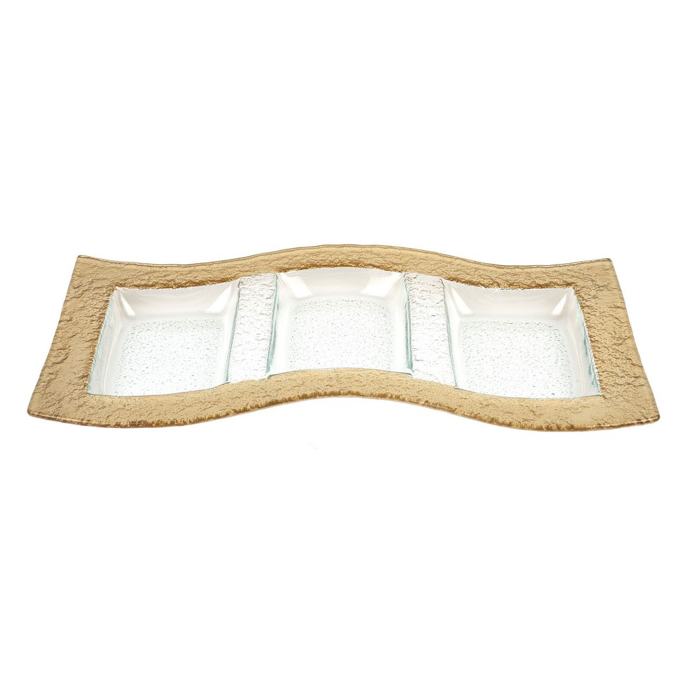Modern Decorative Handcrafted Dinnerware Wavy 3 Section Gold Tray, 7.5x17 Inches