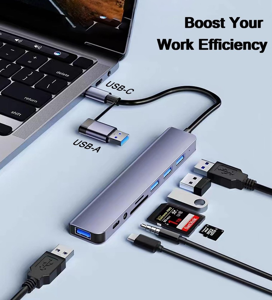 Multi Memory Card Reader 8 in 1 USB Splitter TF/SD Adapter USB C USB Hub 3.0