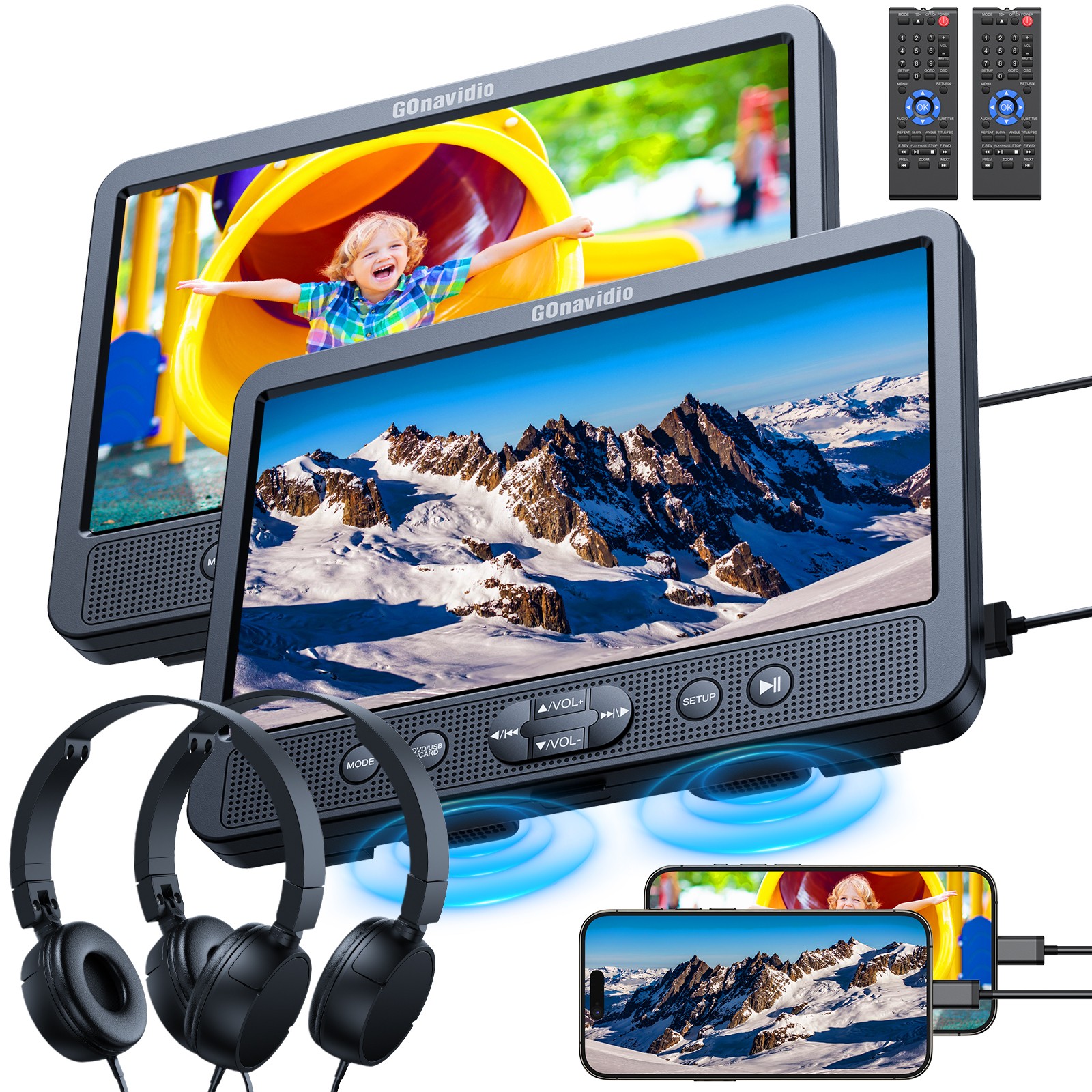 2x 10.5” Screen HD Car Headrest Monitor DVD Player for Kids USB HDMI w/ Headset