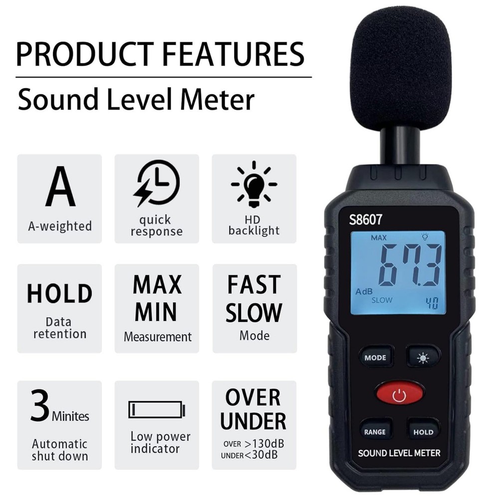 30-130dB Digital Noise Meter Decibel Reader with Over Under Range Indication