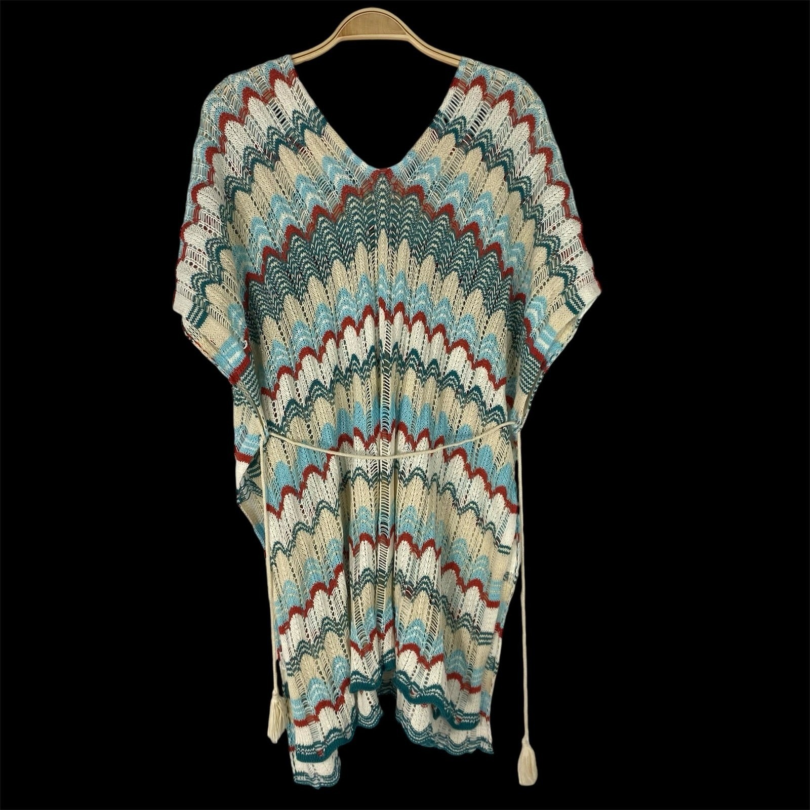 Boho Green Chevron Crochet Poncho Kimono Tunic Dress Beach Cover-Up Women OS NEW