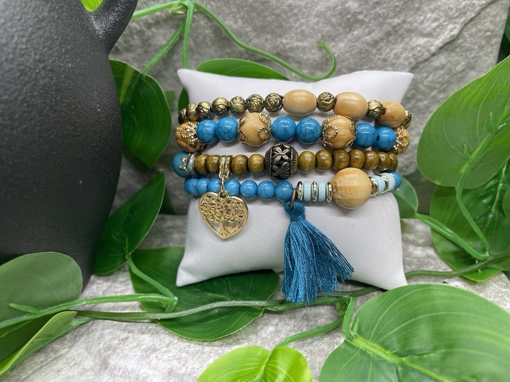 4 PC Handmade Boho Beaded Stackable 7” Plus Stretch Bracelet Set B2530