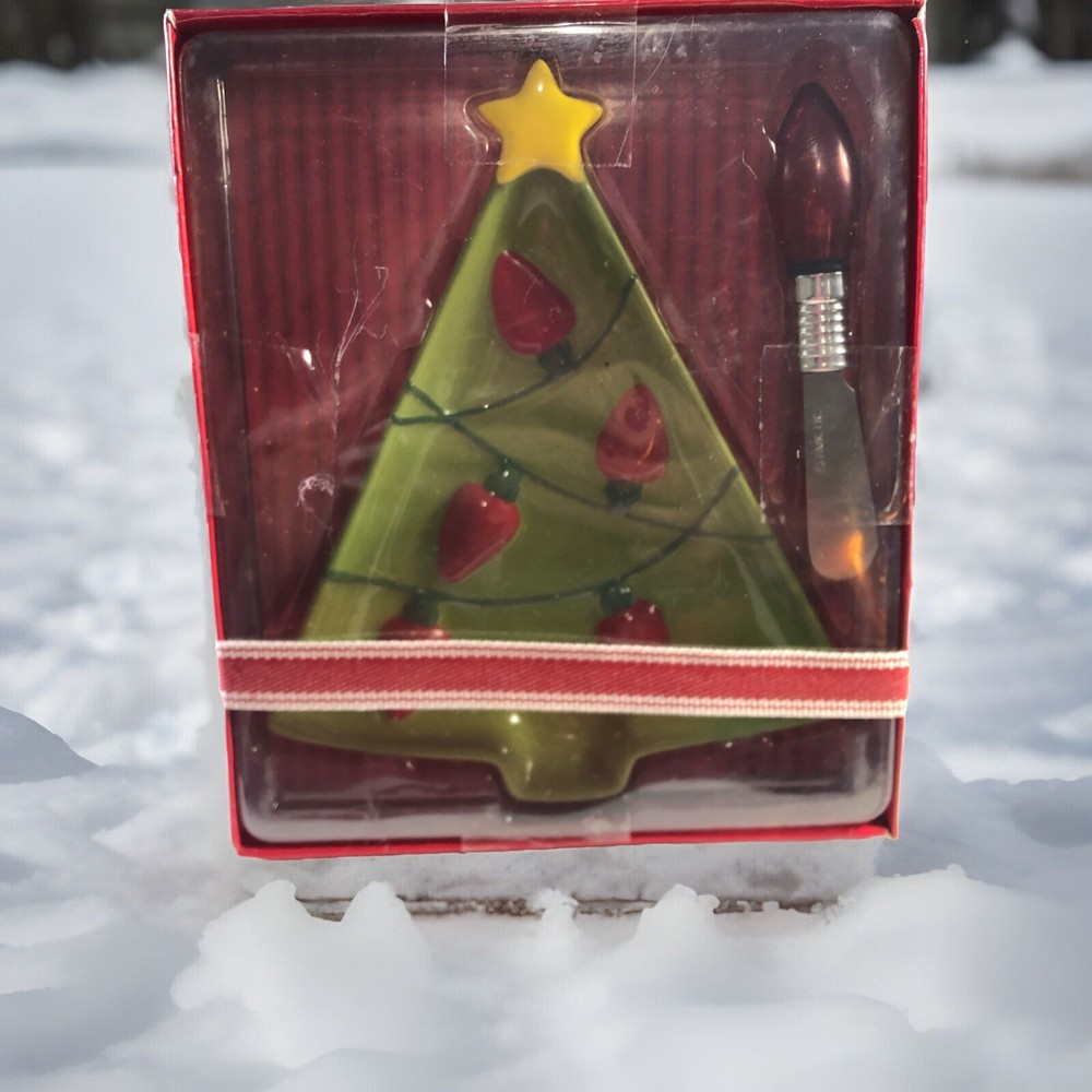 Hallmark Christmas Tree And String Lights Spread Dish With Knife In Box