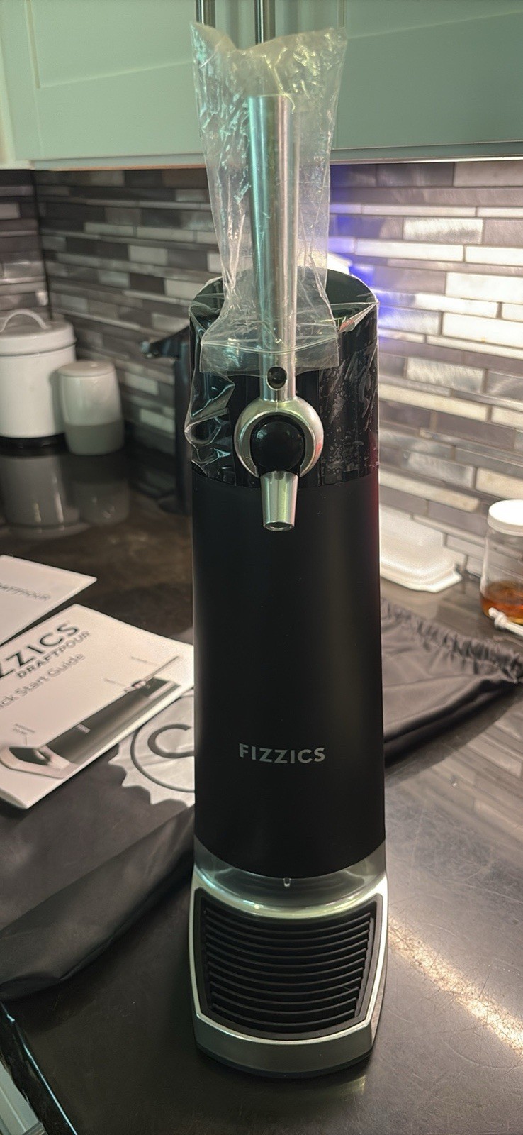 Fizzics DraftPour Beer Dispenser Black Silver Tower with Handle & Drip Tray