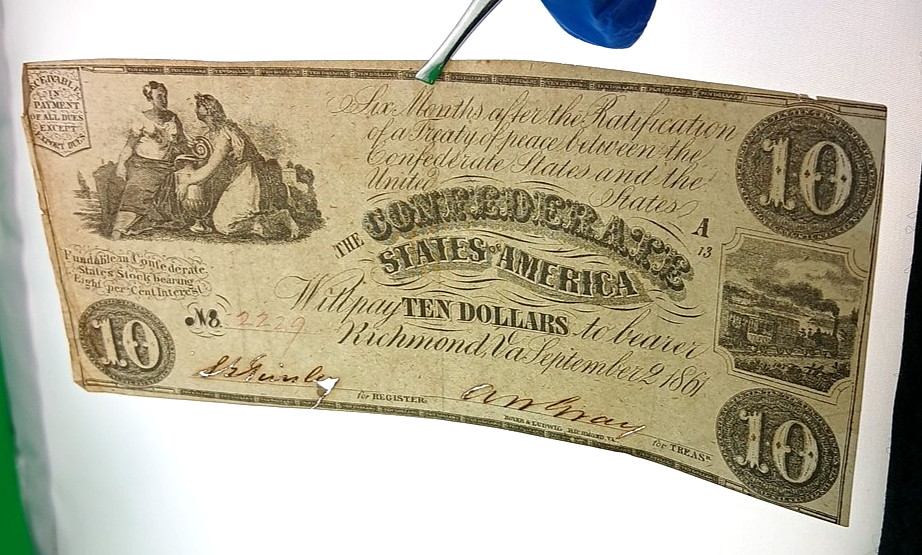 1861 $10 Confederate States of America Note T-28 Ceres Commerce Train CSA