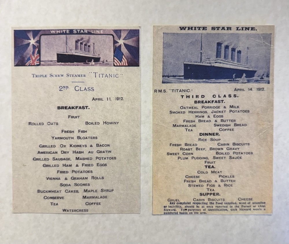 RMS Titanic 2nd and 3rd Class Breakfast Small Menu Replicas