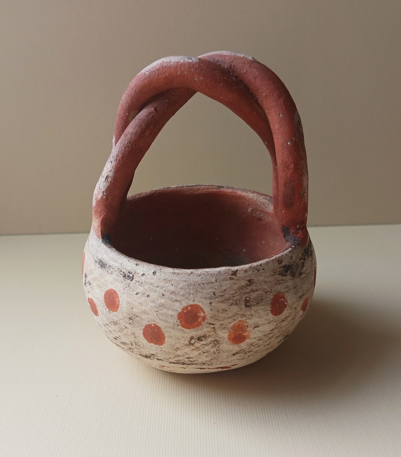 Antique Isleta Pueblo Pottery Basket Twist Handle, Hand Painted Designs, #1