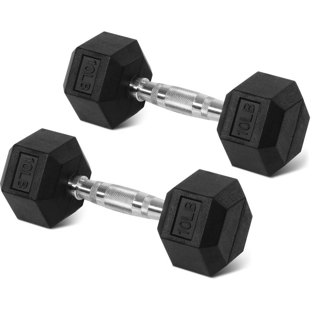 A pair 10LB Hex Rubber Dumbbells – Solid Cast Iron with Non-Slip Grip