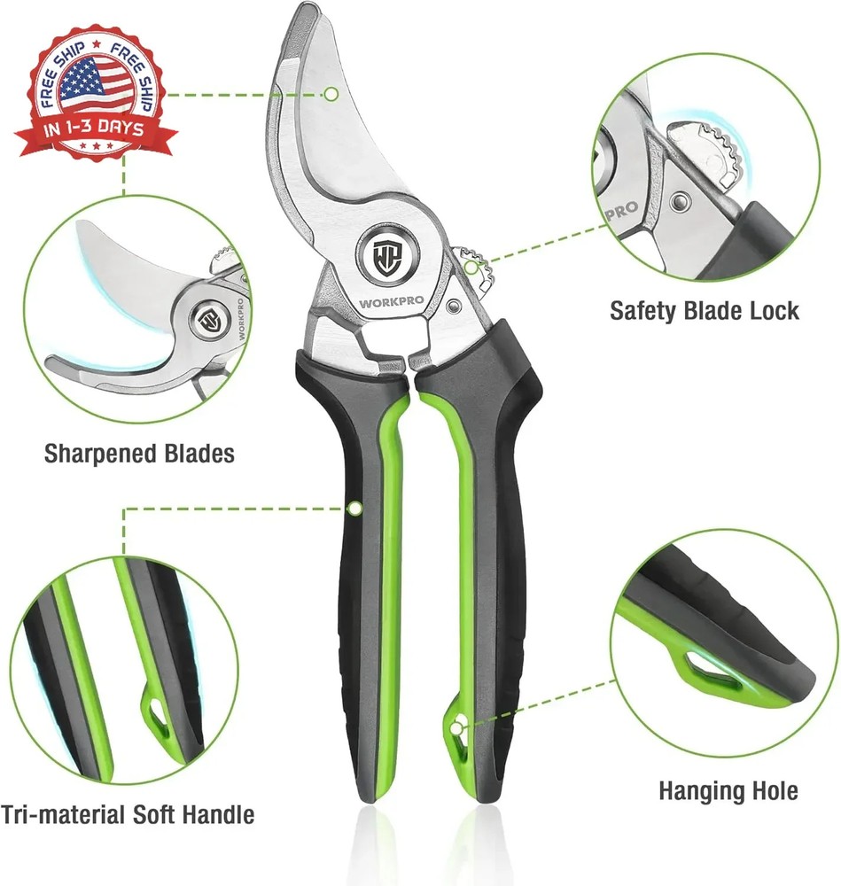 WORKPRO Garden Bypass Pruning Shears, 8.5" Pruning Scissors with CRV Integral Fo