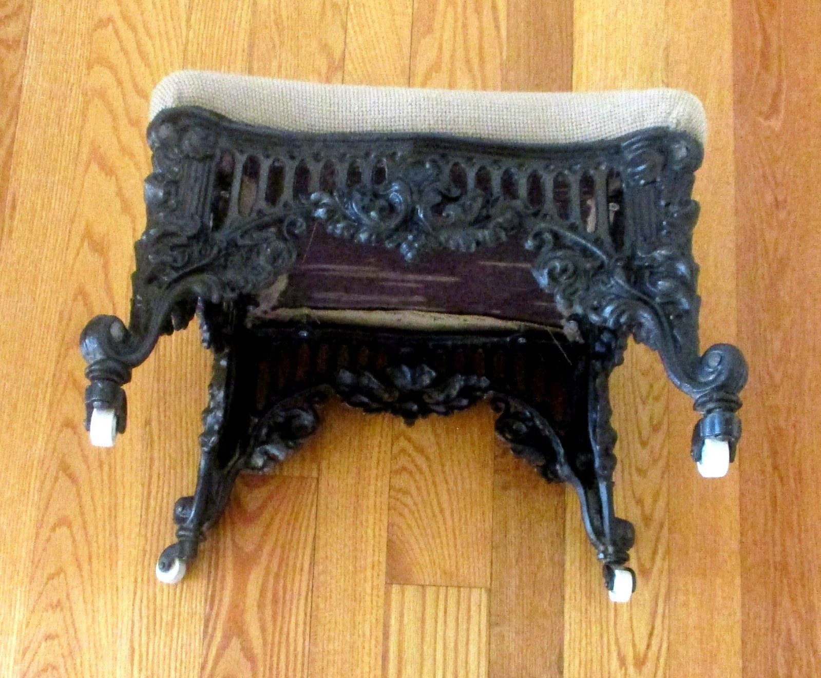 Atq Victorian Cast Iron Footstool Ottoman Ornate Rococo Base Floral Needlepoint