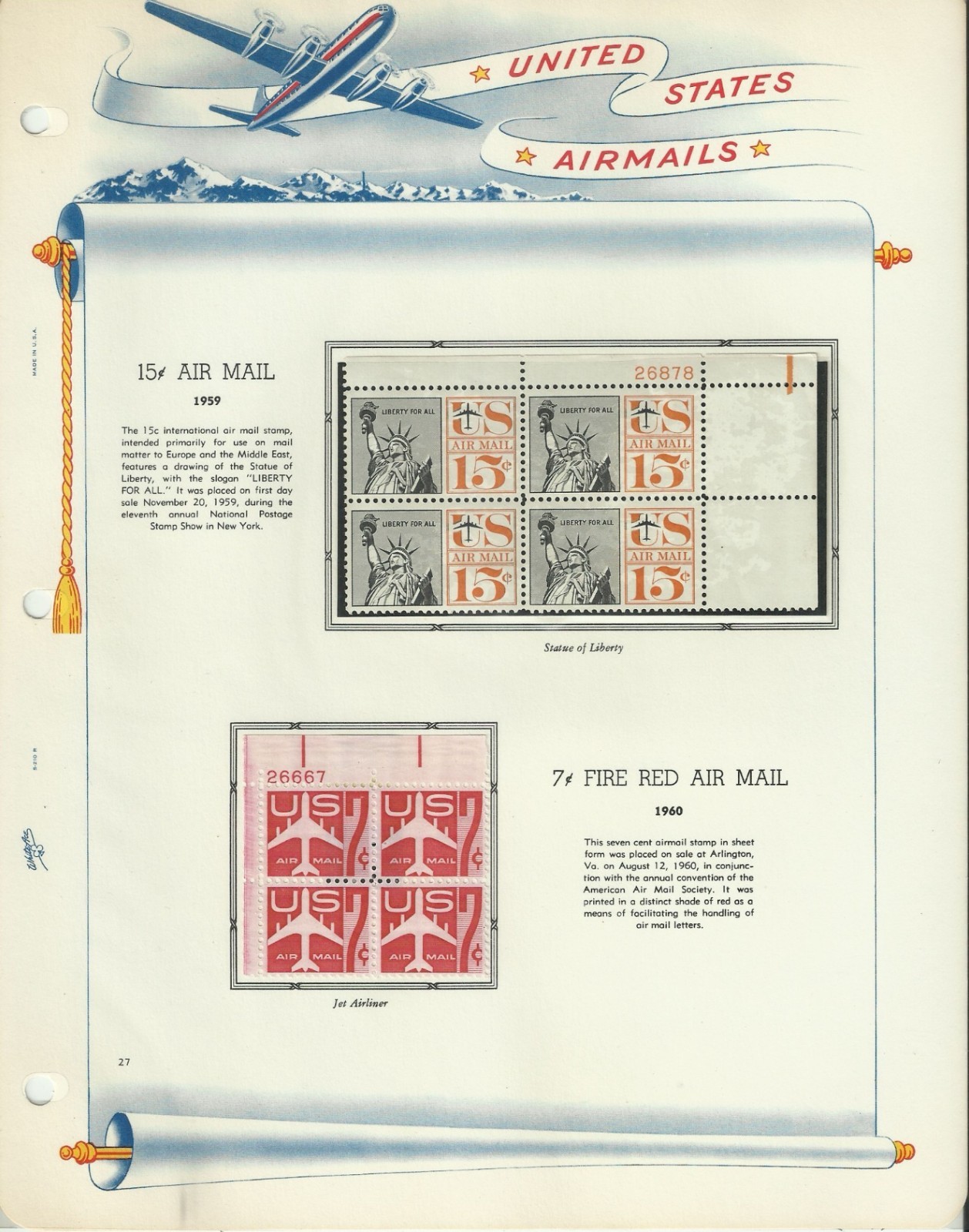 USA Stamps: Air Mail Plate Blocks & Singles on White Ace Album Pages. SCV $350+