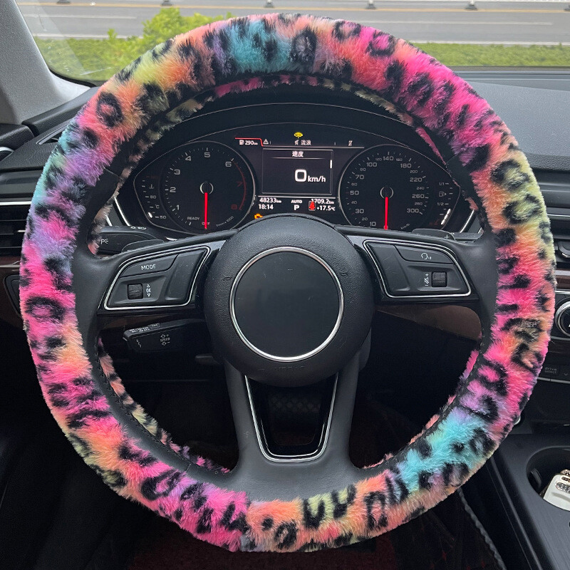 Leopard Soft Plush Car Steering Wheel Cover Protective Case Auto Interior Decor