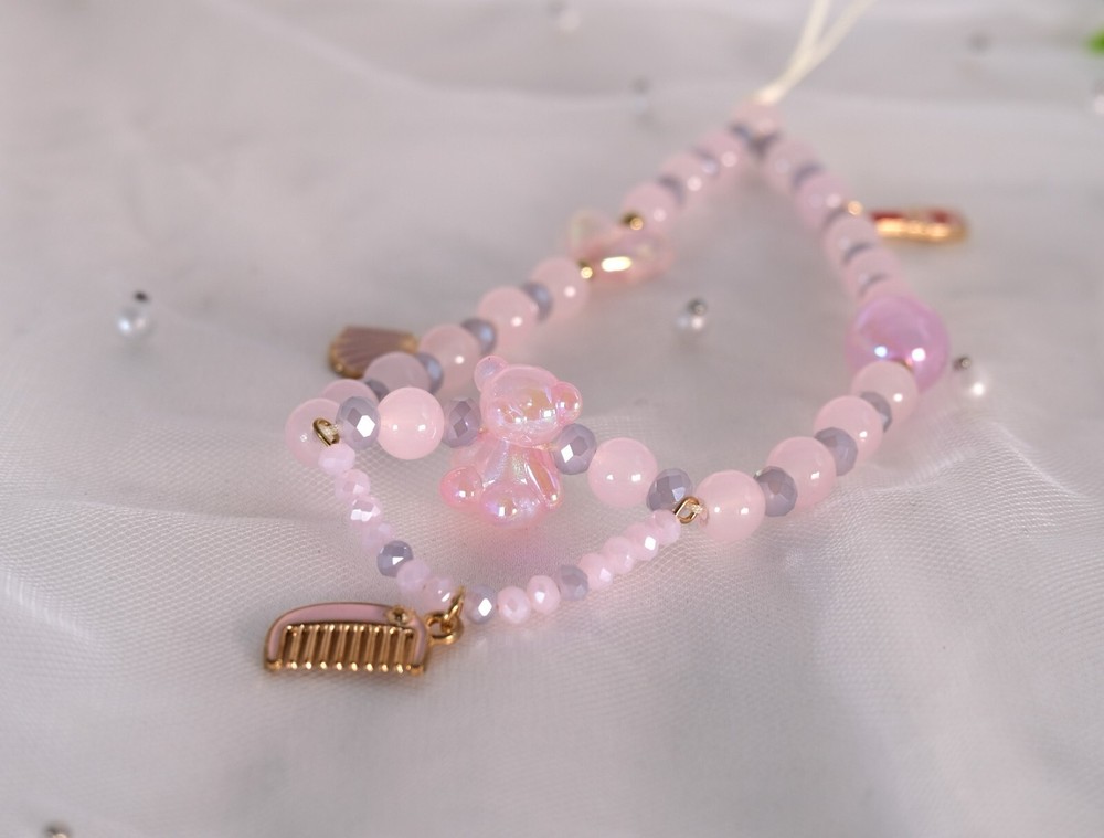 Elegant Pink Beaded Phone Strap with pink Charm – Stylish & Functional Accessory