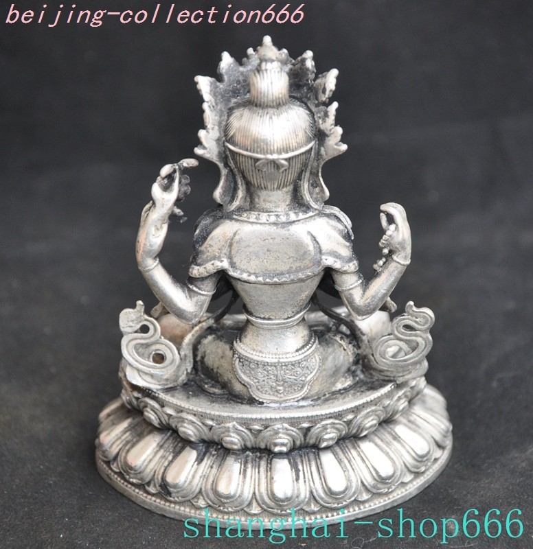 4"China Buddhism Temple Tibetan silver 4 Arms Chenrezig Buddha Statue
