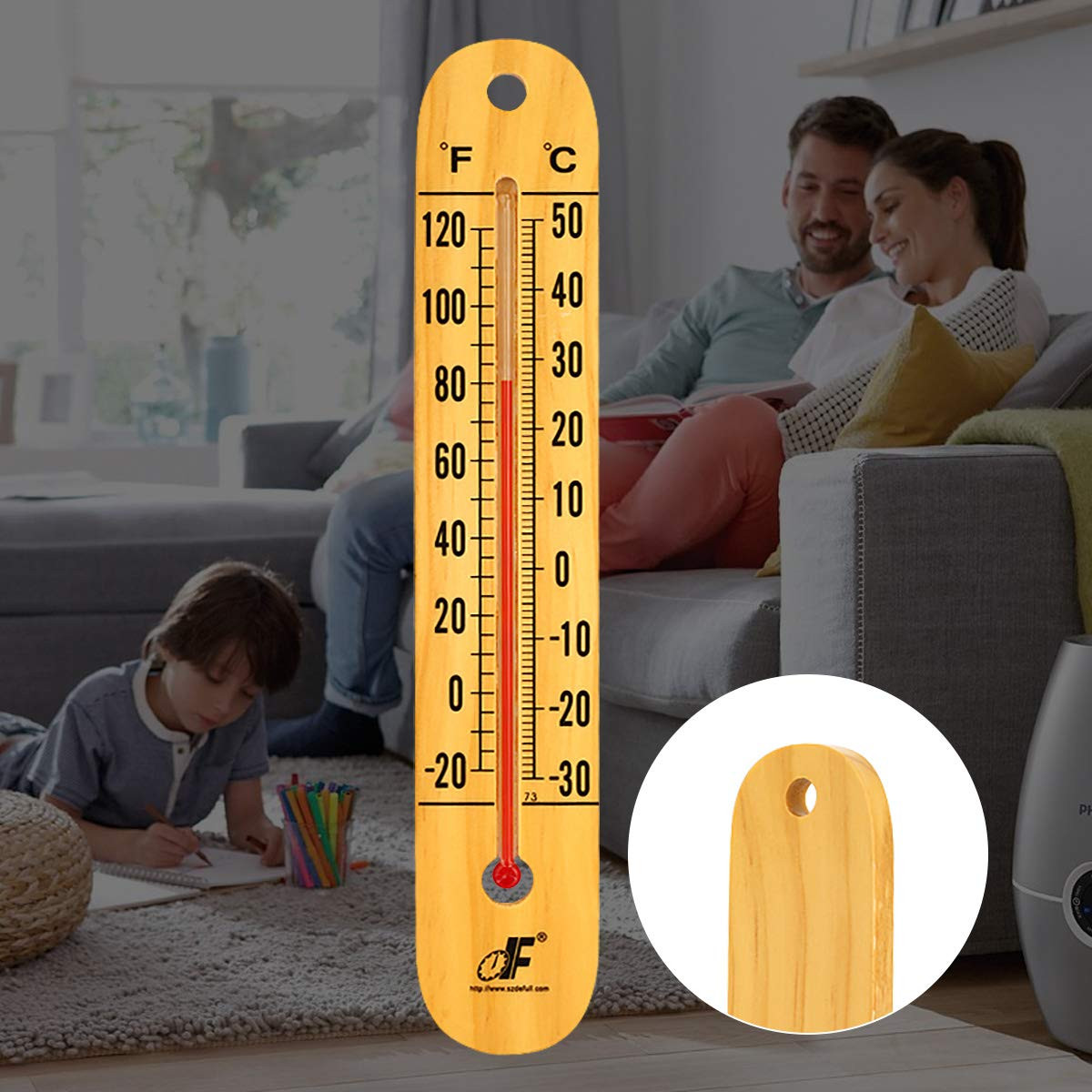 Large 10.5 Inch Vertical Wood Thermometer for Indoor & Outdoor Use, Wide Range -