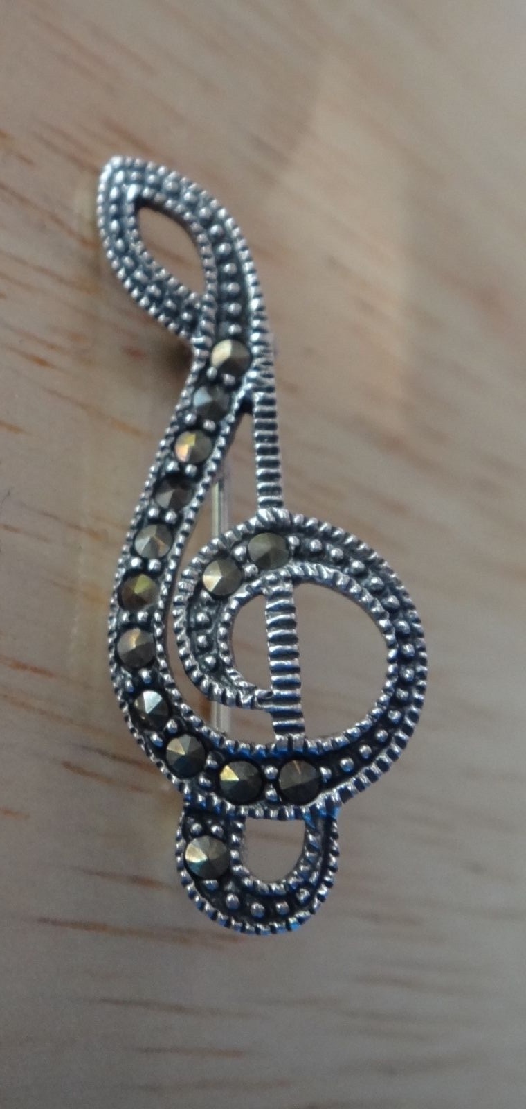 Sterling Silver 31x12mm Marcasite Treble Clef Music Pin