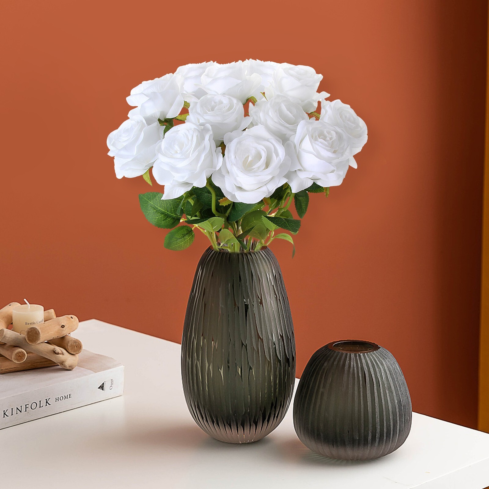 EZFLOWERY 12 Pcs White Silk Artificial Roses with Single Stems