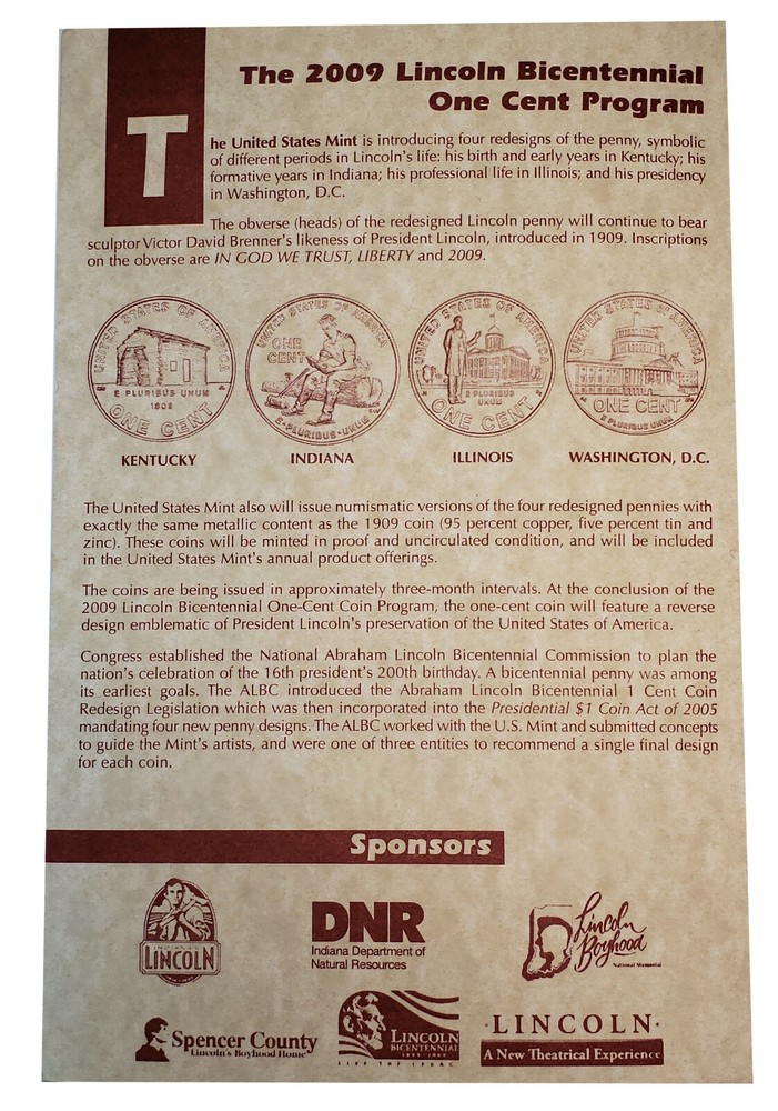 2009 Lincoln Formative Years Launch Ceremony / One Cent Unveiling Program