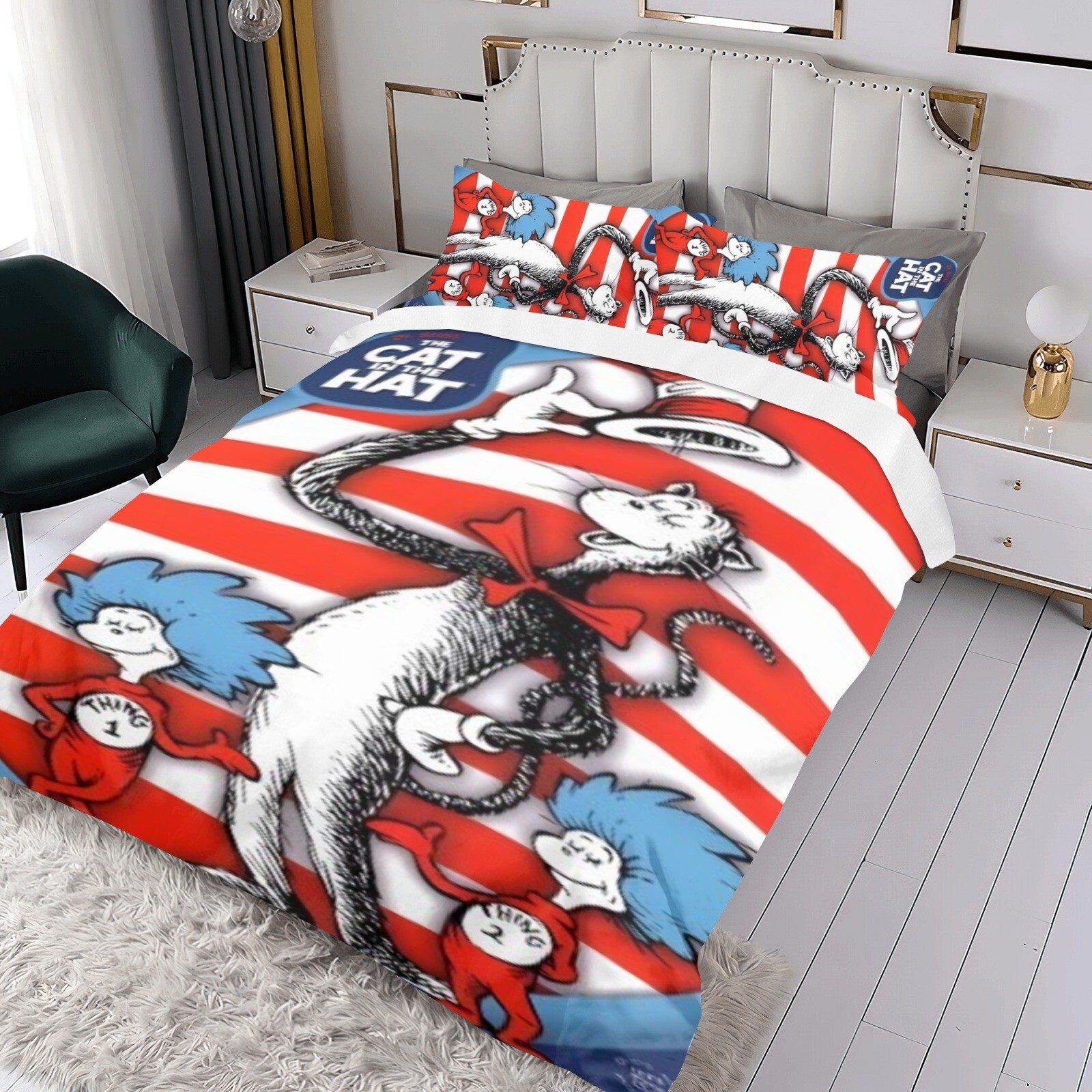 3Pcs Bedding Sets The Cat in the Hat Duvet Cover Sets All Season for Kids Soft