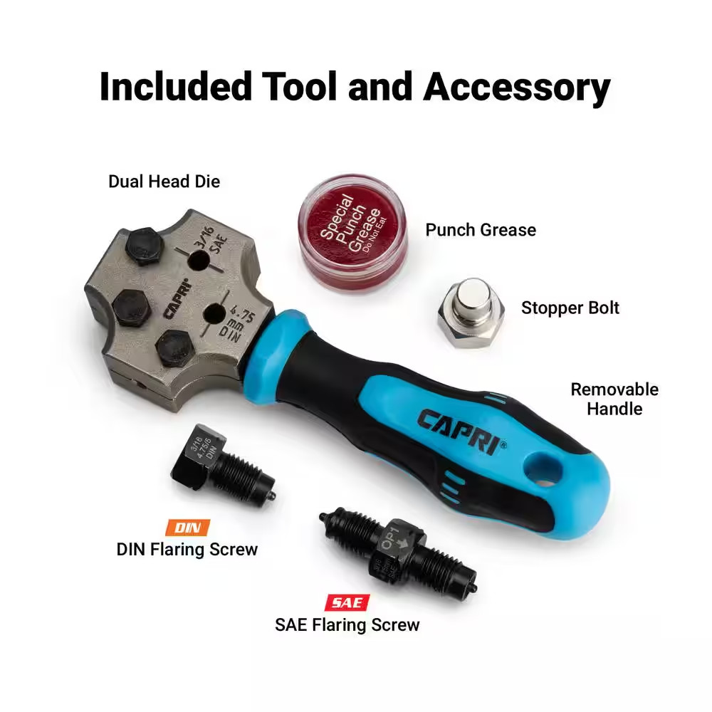 3/16 In. Dual Head Flaring Tool, 4.75 Mm ISO/DIN Bubble Flare and 3/16 In. SAE D