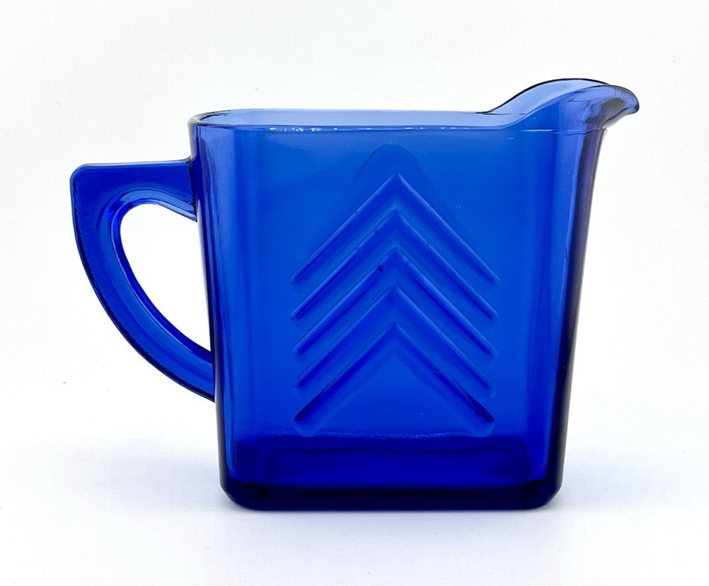 Vintage Cobalt Blue Glass Rectangular Cup with Handle Chevron Design MINT