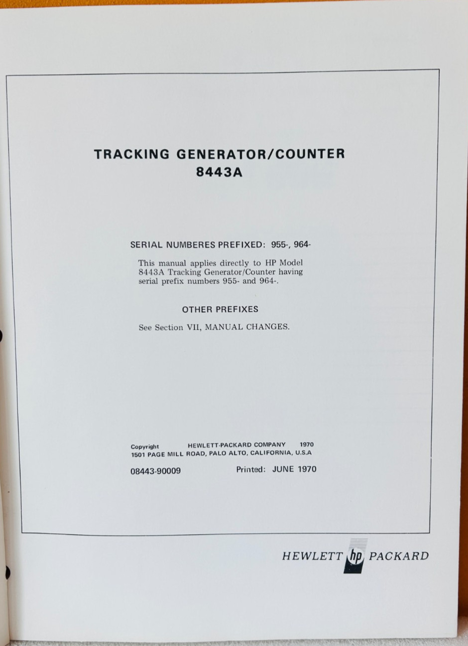 HP 08443-90009 Model 8443A Tracking Generator Counter Oper & Service Manual.