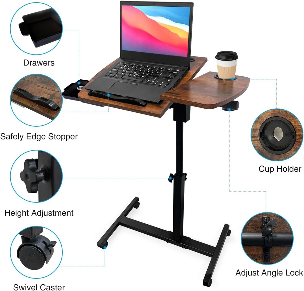 Overbed Table Height Adjustable Bedside Table Hospital Bed Table W/ 2 Tilting
