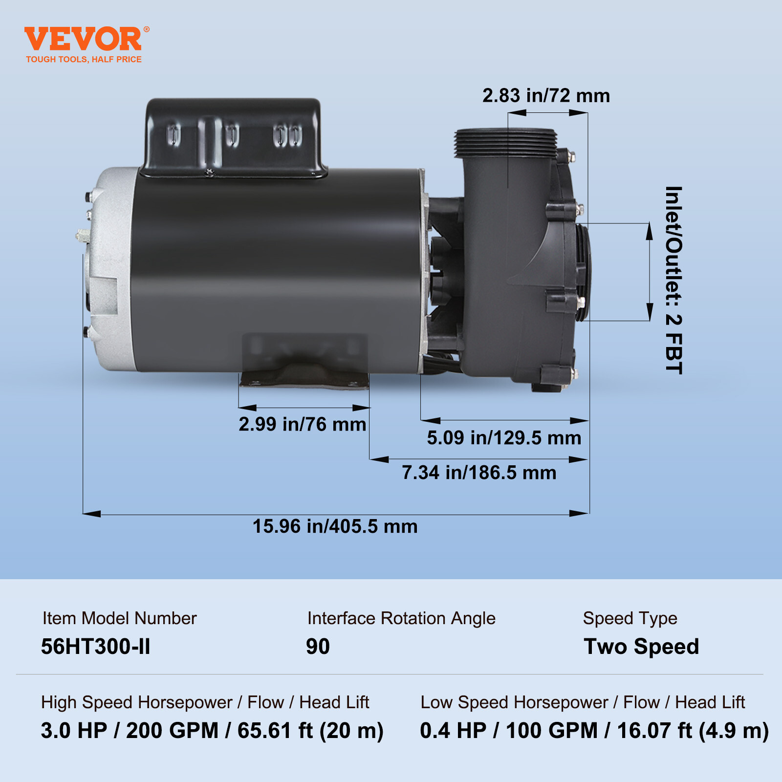 VEVOR 2 Speed SPA Pump 56-Frame Hot Tub Pump 3 HP/200 GPM or 0.4 HP/100 GPM