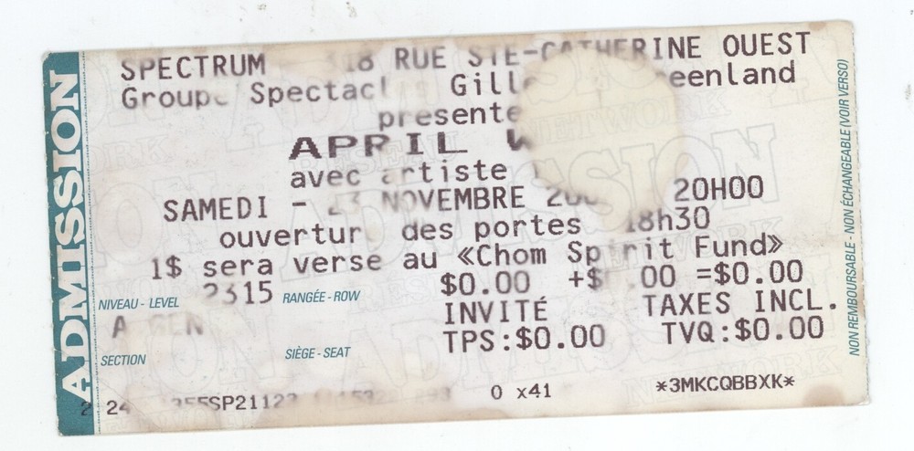 April Wine 11/23/02 Montreal Canada The Spectrum Concert Rare Ticket Stub!