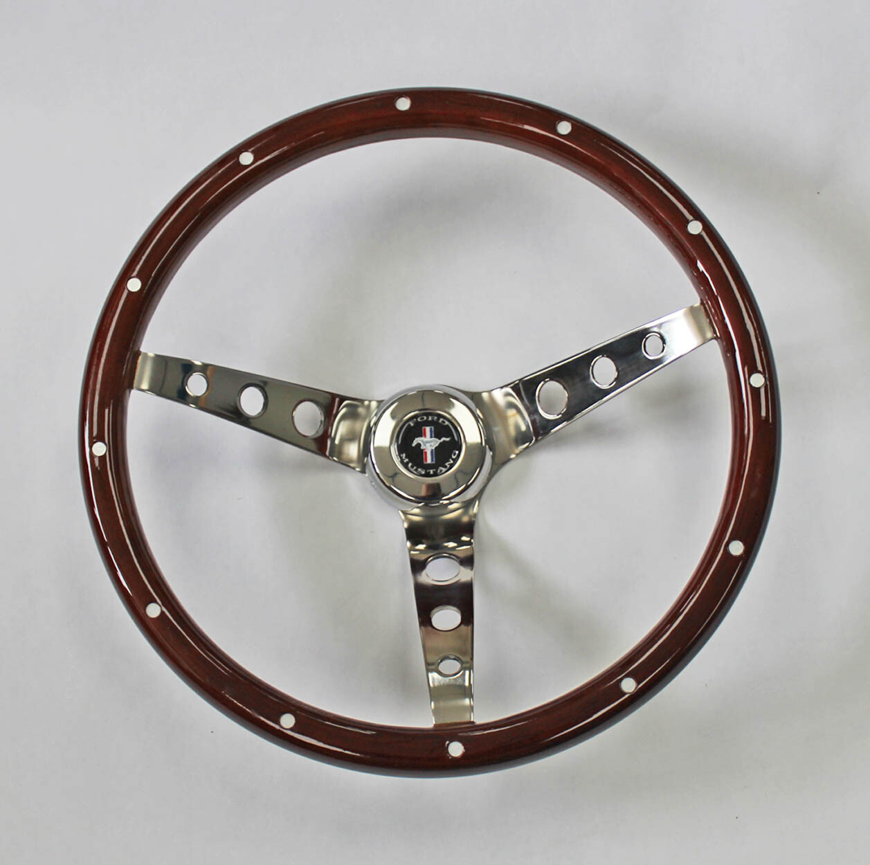 65-69 Mustang Wood Steering Wheel Mustang Cap 15" High Gloss Finish w/ Rivets