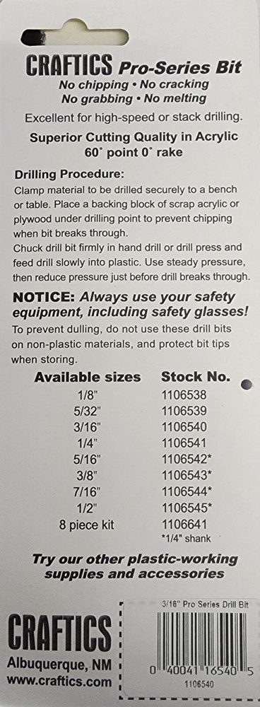 Craftics 3/16" Professional Series Drill Bit for Plastics
