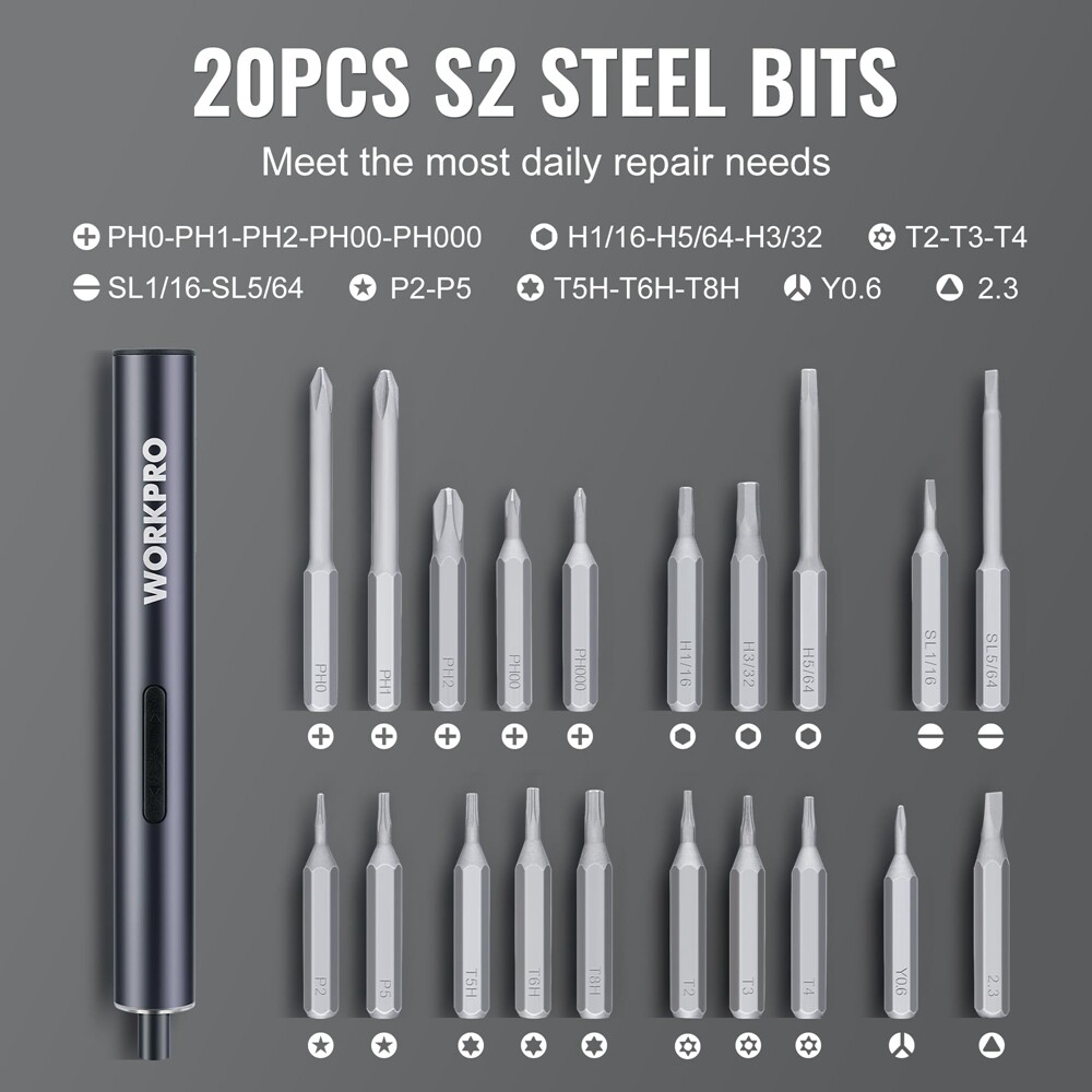 WORKPRO 22PC Mini Precision Electric Screwdriver Set S2 Steel Bit LED Work Light