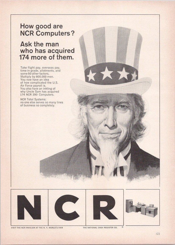NCR 1965 Vintage Print Ad Uncle Sam Computer Payroll