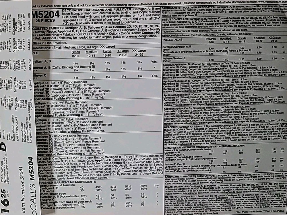 Sewing Pattern McCall's M5204 Size S toXXL Decorative Pullover and Cardigans