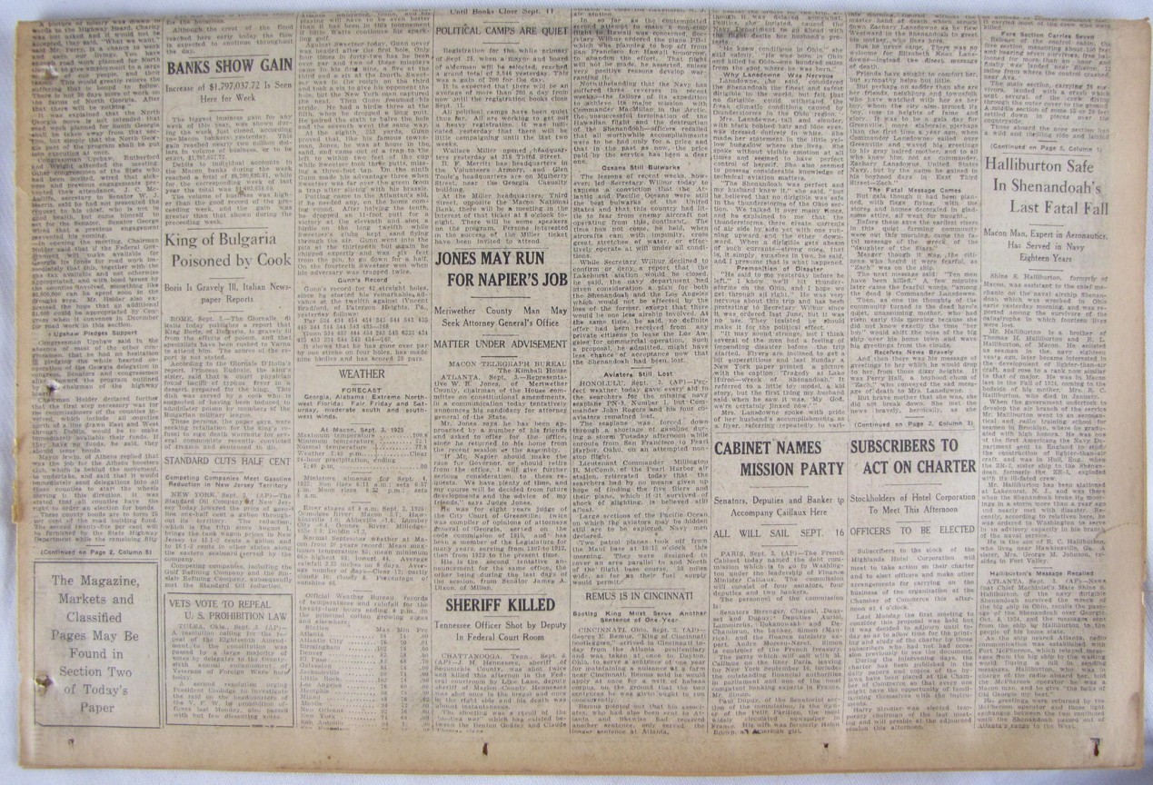 Vintage 1925 USS Shenandoah Airship Crash Newspaper