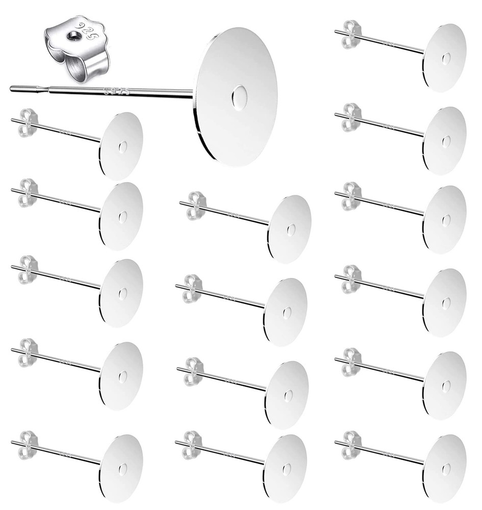 25Pair Plating 925 Sterling Silver Earrings Posts Flat Pad Ear Stud Hypoaller...