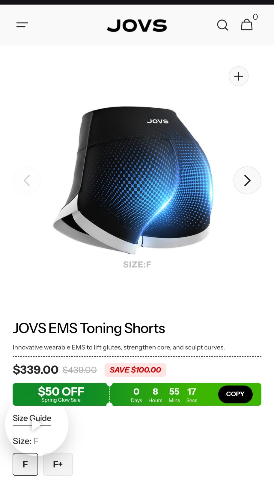 JOVS EMS Toning Shorts Size F - Equals 400 Squats