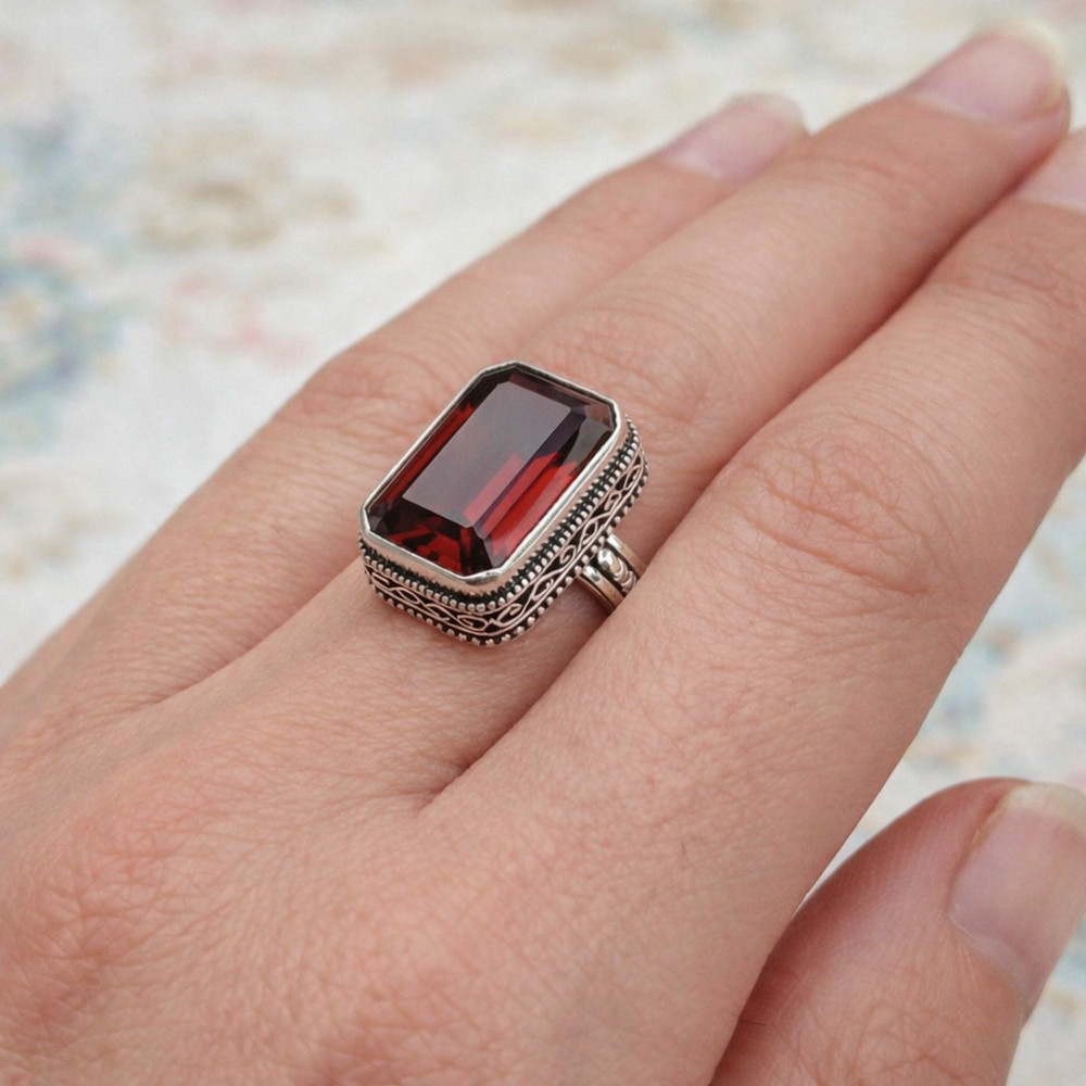 Red Garnet Gemstone Silver Ring 925 Sterling Silver Ring Silver Statement Ring