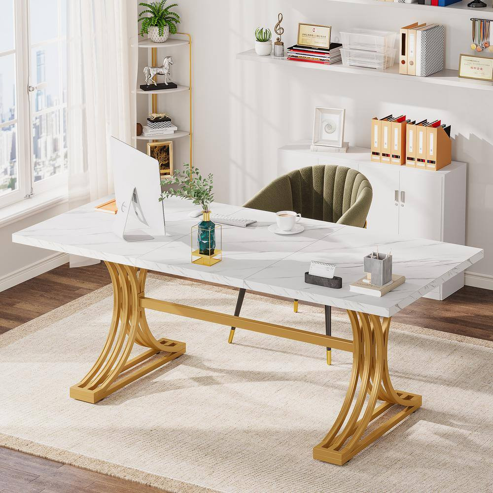 Moronia 63 In. Rectangular White and Gold Wood Computer Desk with Solid Metal Le