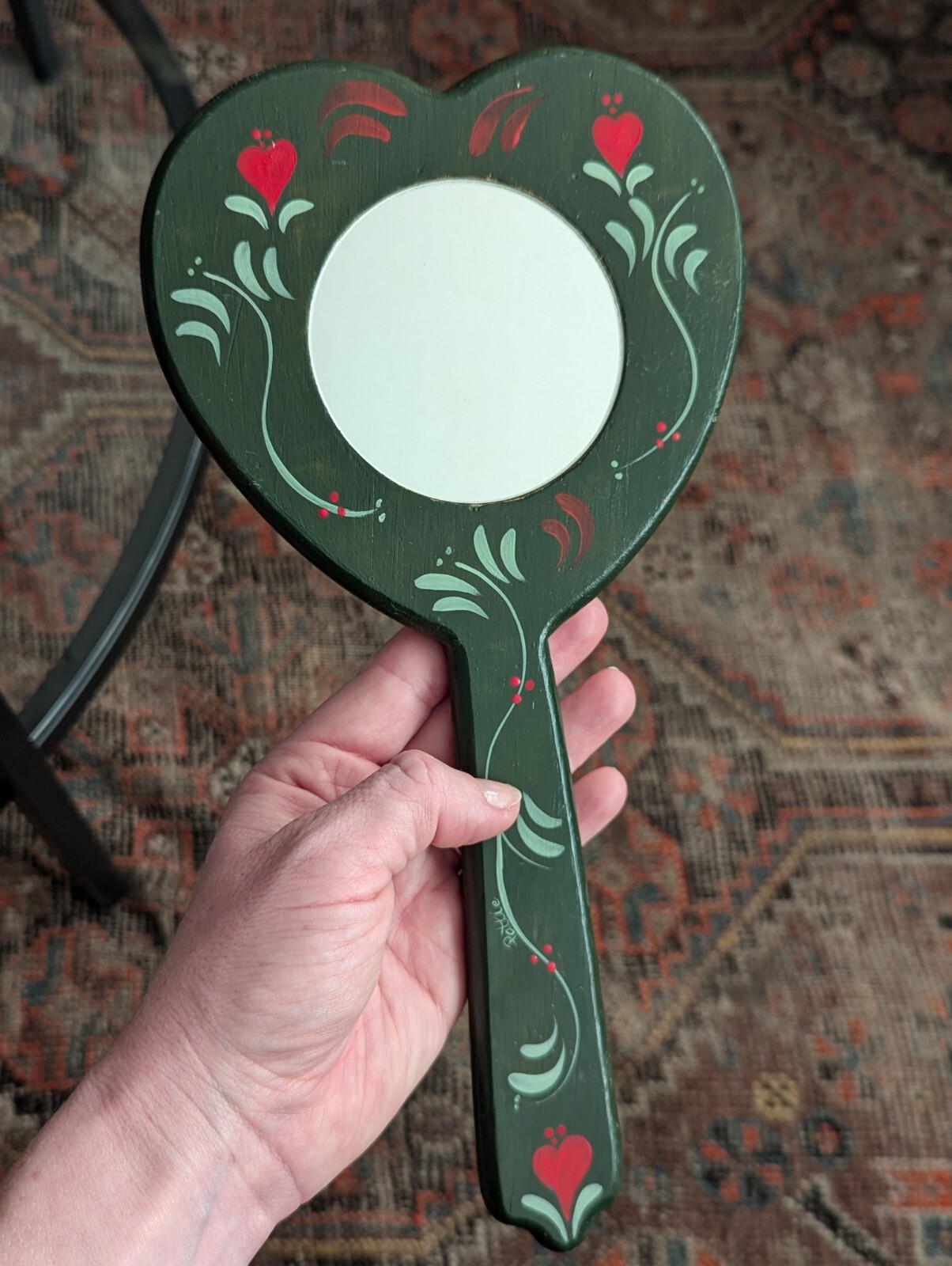 Vtg Hand Mirror Vanity Folk Art Handmade Home Green Wood Tole Painted Floral