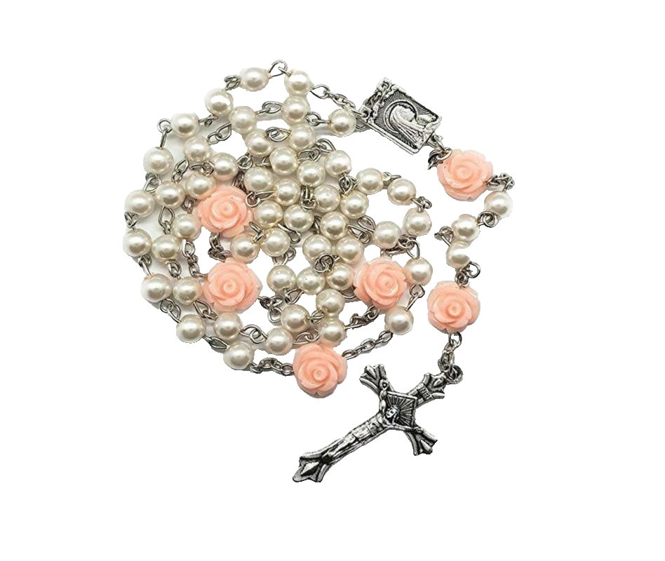 White Pearl W Light Pink Roses - Our Lady of Lourdes Rosary - Gift Box